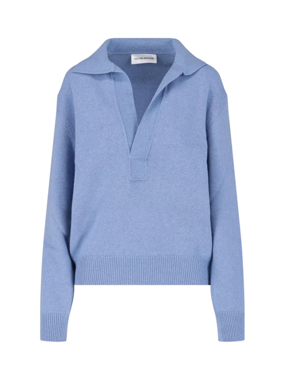 Victoria Beckham Muted Periwinkle Blue Fine-Knit Sweater with V-Neckline