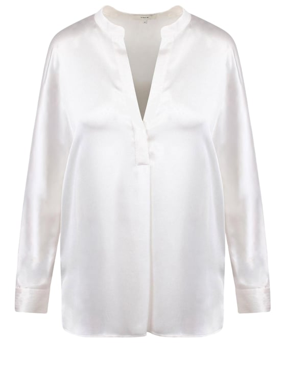 Vince Silk V-Neck Blouse with Mandarin Collar and Adjustable Cuffs