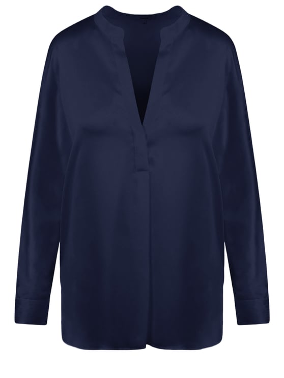 Vince Silk Long-Sleeved Shirt with Mandarin Collar and V-Neck