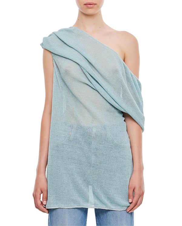 Vitelli Draped Neckline Sheer Linen Top with Asymmetrical Design