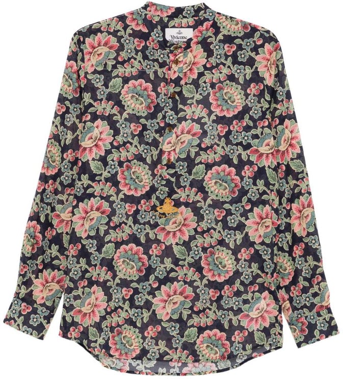 Vivienne Westwood Dark Blue Floral Print Mock Neck Shirt