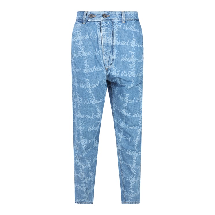 Vivienne Westwood Light Blue Denim Jeans with Signature Logo Print and Tapered Fit