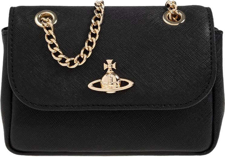 Vivienne Westwood Textured Black Leather Shoulder Bag with Gold-tone Orb Emblem