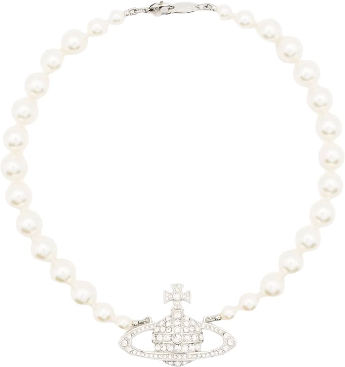 Vivienne Westwood One Row Pearl Bas Relief Platinum Cream Crystal