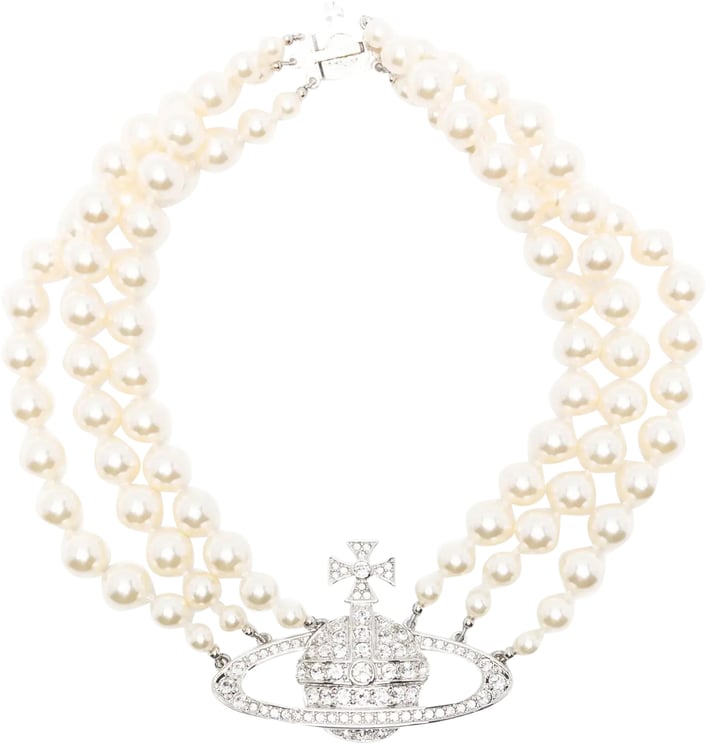 Vivienne Westwood Three Row Pearl Bas Relief Platinum/pearl/crystal