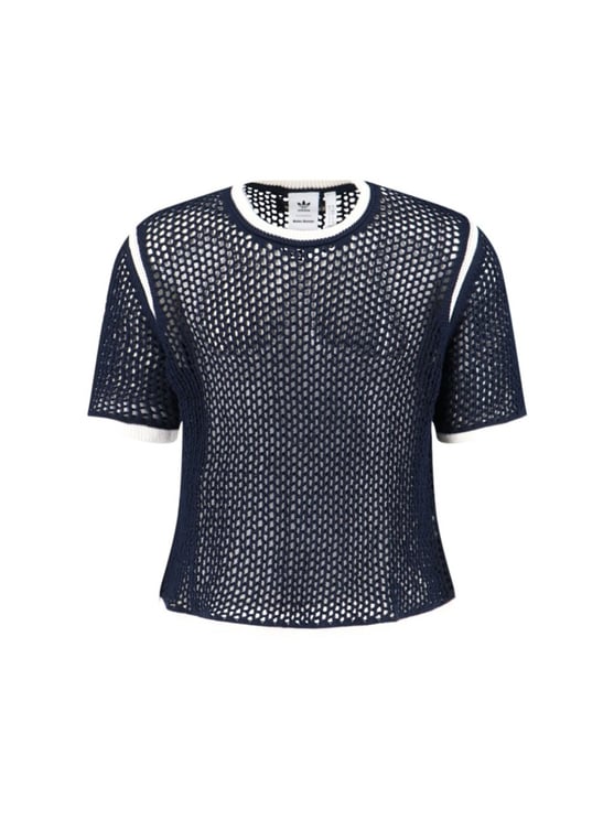 Wales Bonner Navy Crochet T-Shirt With White Trefoil Logo