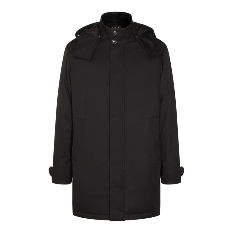 Zegna High-Collared Black Coat with Detachable Hood