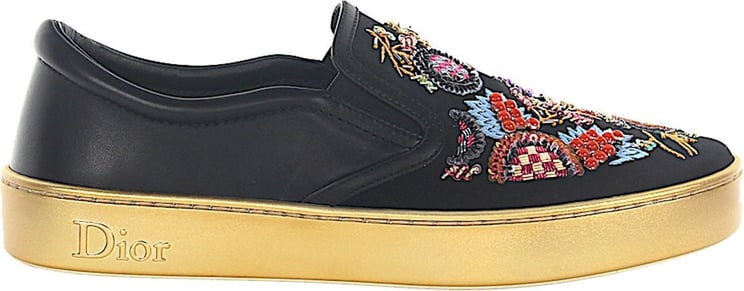 Dior Women Sneakers Slip On HAPPY Leather Satin Black Embroidery Sequins Gold - Canage Zwart