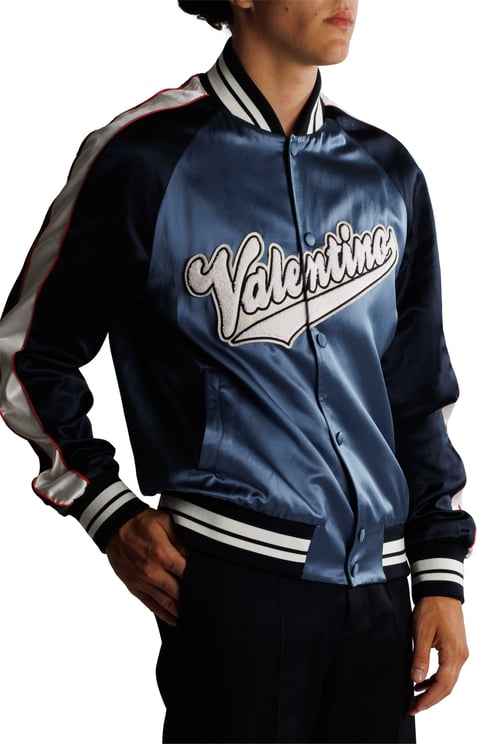 Valentino Viscose And Cotton Bomber With Embroidered Patch Blauw