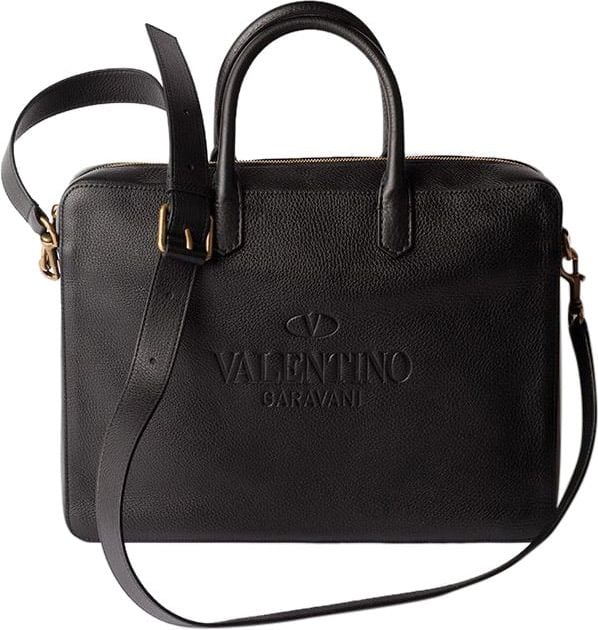 Valentino Black Leather Brief Case Black