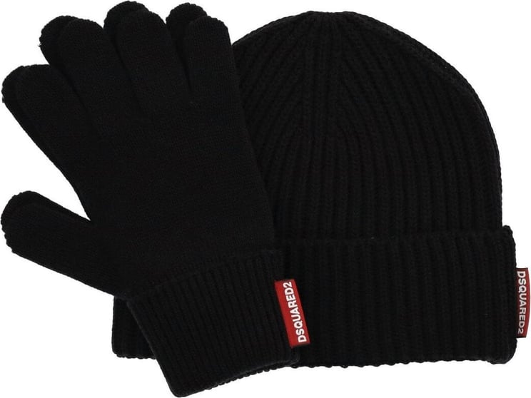 Dsquared2 Warmy Black Beanie+gloves Set Black Zwart