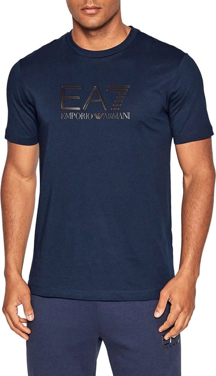 EA7 Blue T-shirt Black Logo Blauw