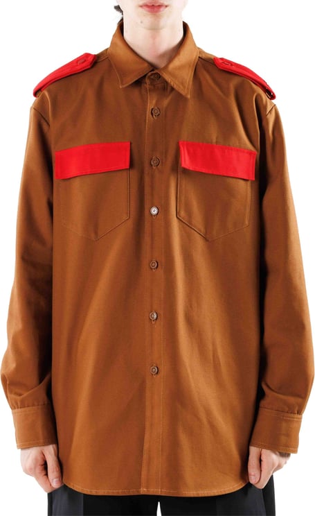 Raf Simons Straight Fit Denim Shirt In Camel/red Rood