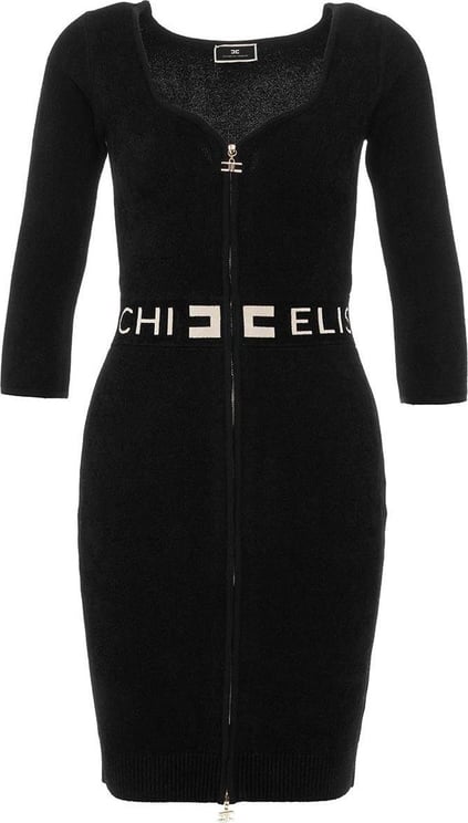 Elisabetta Franchi Mini Dress In Chenille With Logo Black Zwart