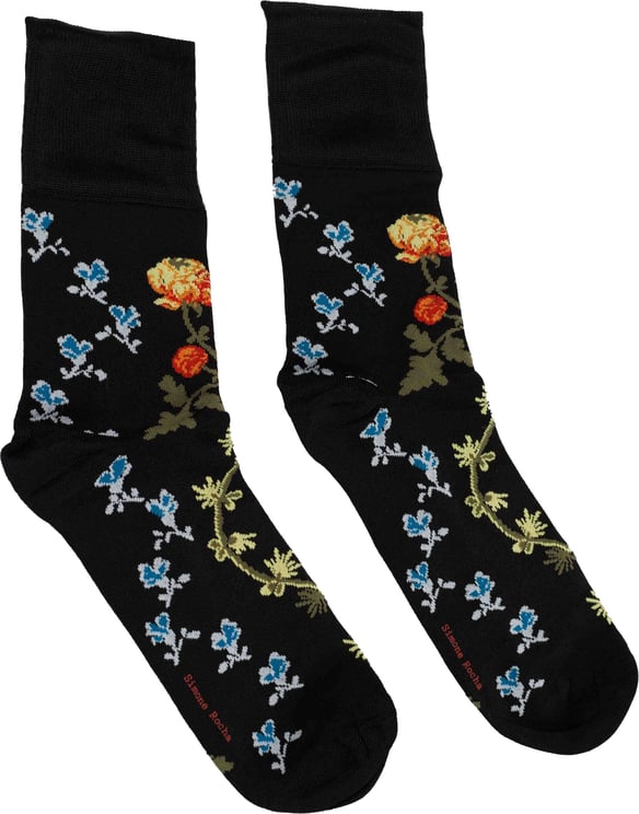 Sacai Intarsia Socks With Black Flowers Zwart