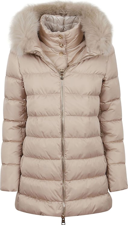 Herno Satin A-Shape Jacket With Faux Fur Beige