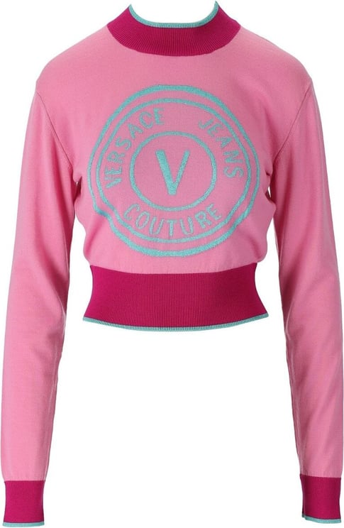 Versace Jeans Couture V-emblem Pink Light Blue Crop Jumper Pink Roze