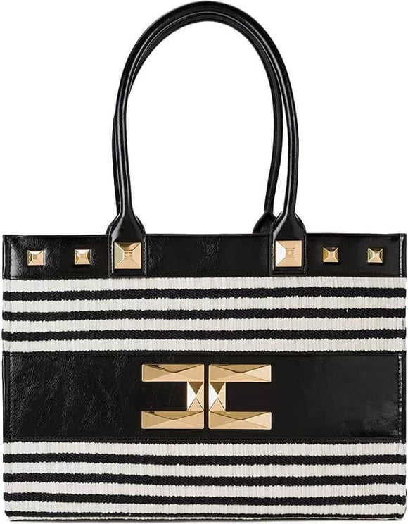 Elisabetta Franchi Black Butter Striped Shopping Bag Black Zwart