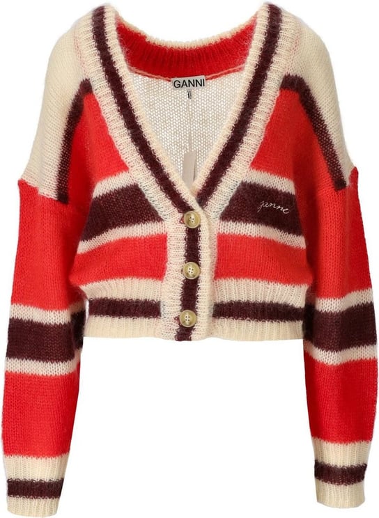 Ganni Red Striped Cardigan Red Rood