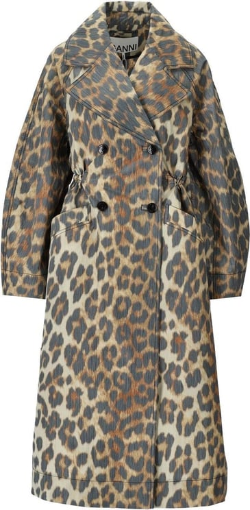 Ganni Oversize Coat With Leopard Print Beige Beige