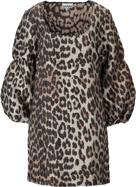 Ganni Leopard-print Mini Jacquard Dress Brown Bruin