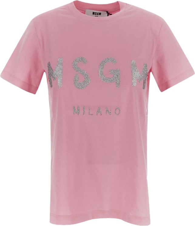 MSGM Glitter Logo Print T-Shirt Roze